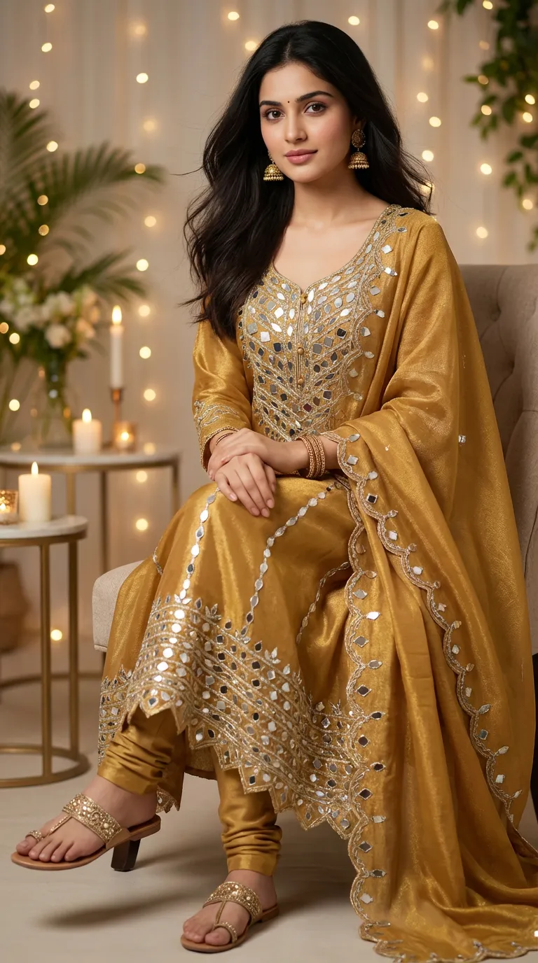 Woman in mustard shimmer Anarkali set with mirrorwork, seated, Karchobi occasion wear