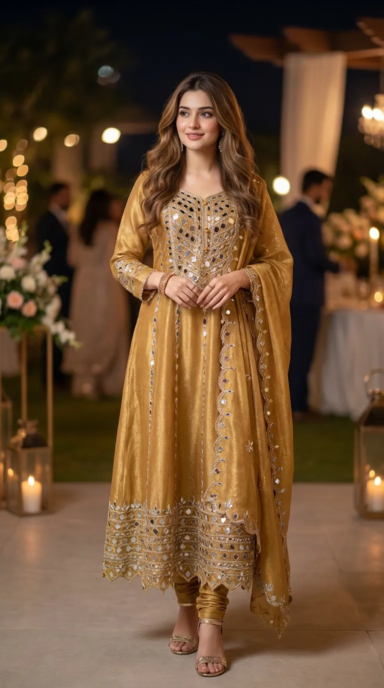Woman in mustard shimmer mirrorwork Anarkali set from Karchobi, elegant eveningwear fashion