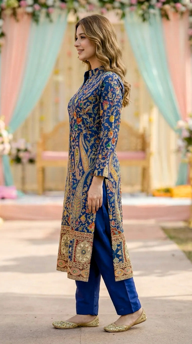 Woman wearing navy blue achkan kurta pant set with gota paisley embroidery, Karchobi fashion
