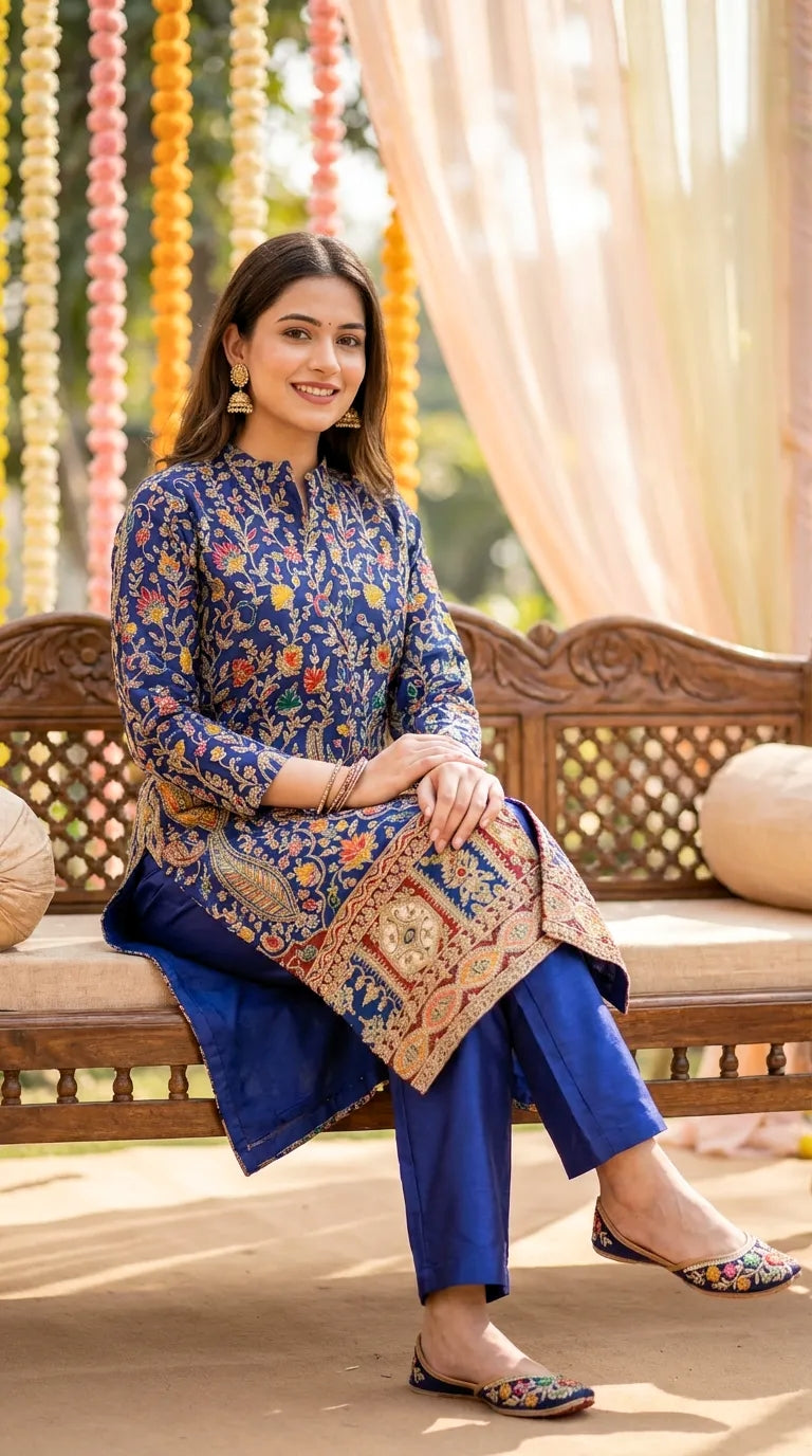 Woman wearing a navy blue gota paisley embroidered achkan kurta pant set from Karchobi, seated outdoors.