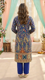 Navy blue Achkan kurta pant set with paisley gota embroidery, Karchobi women's occasion wear