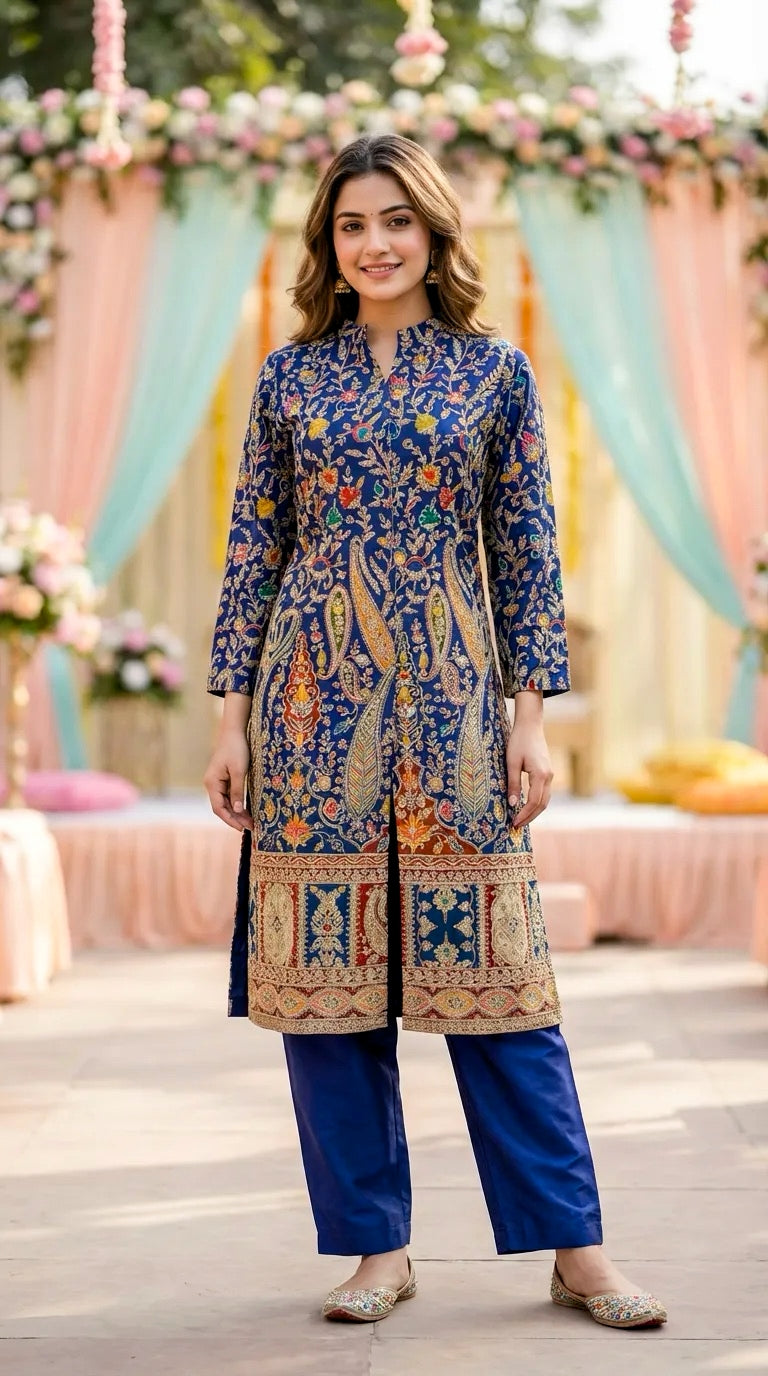 Woman wearing a navy blue gota paisley embroidered achkan kurta pant set from Karchobi, standing outdoors with floral decor.