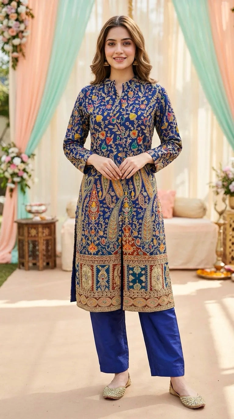 Woman wearing navy blue gota paisley embroidered achkan kurta pant set from Karchobi