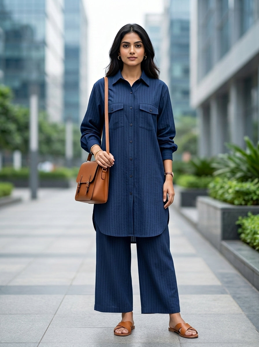 Navy blue cotton long shirt and pant co-ord set with self-stripes for women by Karchobi.