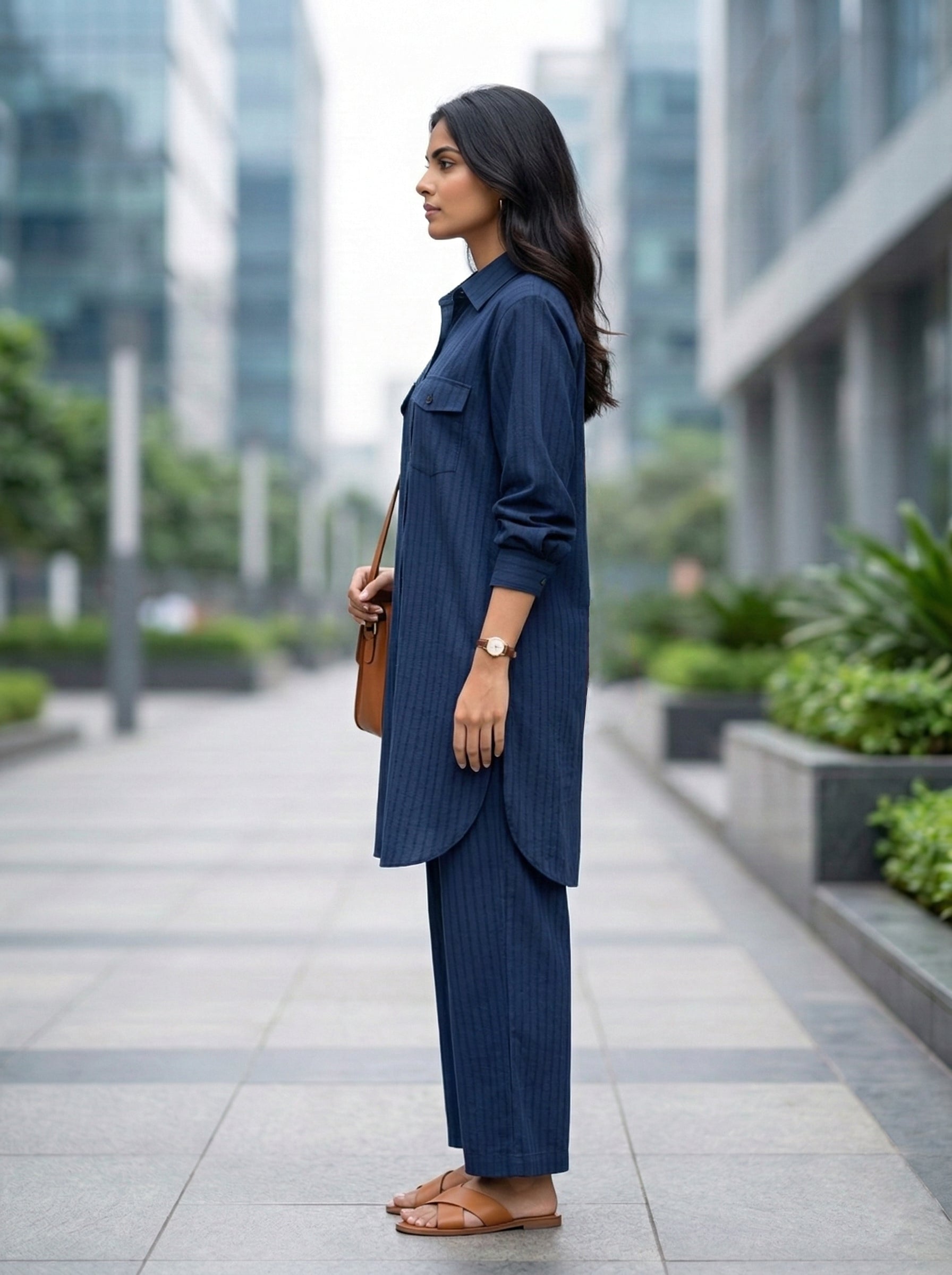 Navy blue cotton long shirt and pant co-ord set with self-stripe texture by Karchobi for women.