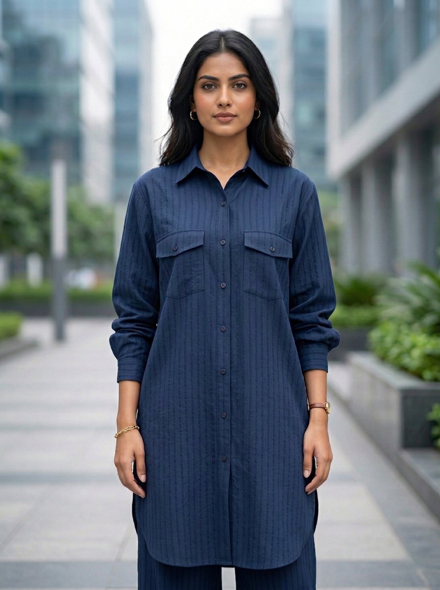 Navy blue cotton long shirt and pant co-ord set by Karchobi with self-stripe texture for women.