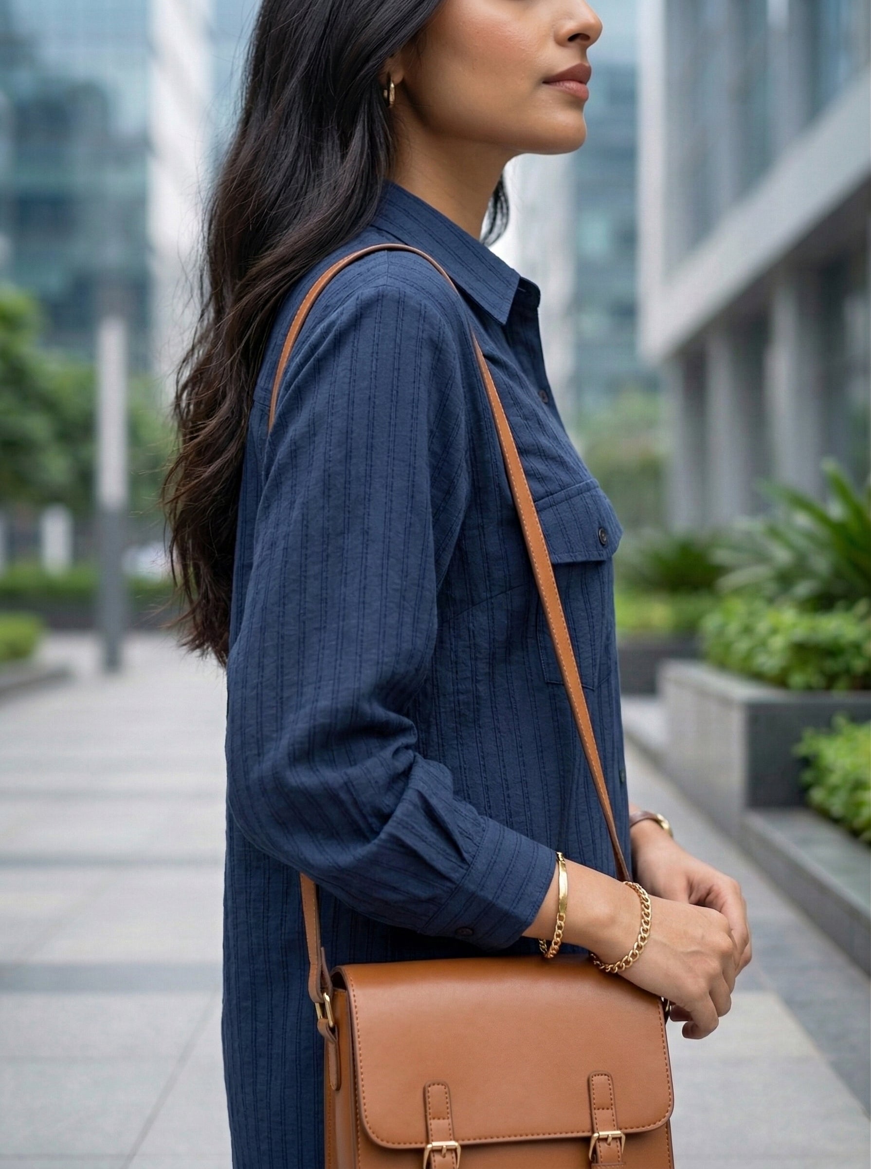 Navy blue cotton long shirt and pant co-ord set with self-stripe texture by Karchobi for women.