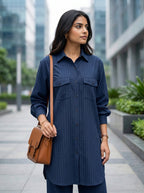 Navy blue cotton long shirt and pant co-ord set with self-stripes by Karchobi, featuring a stylish and comfortable design.