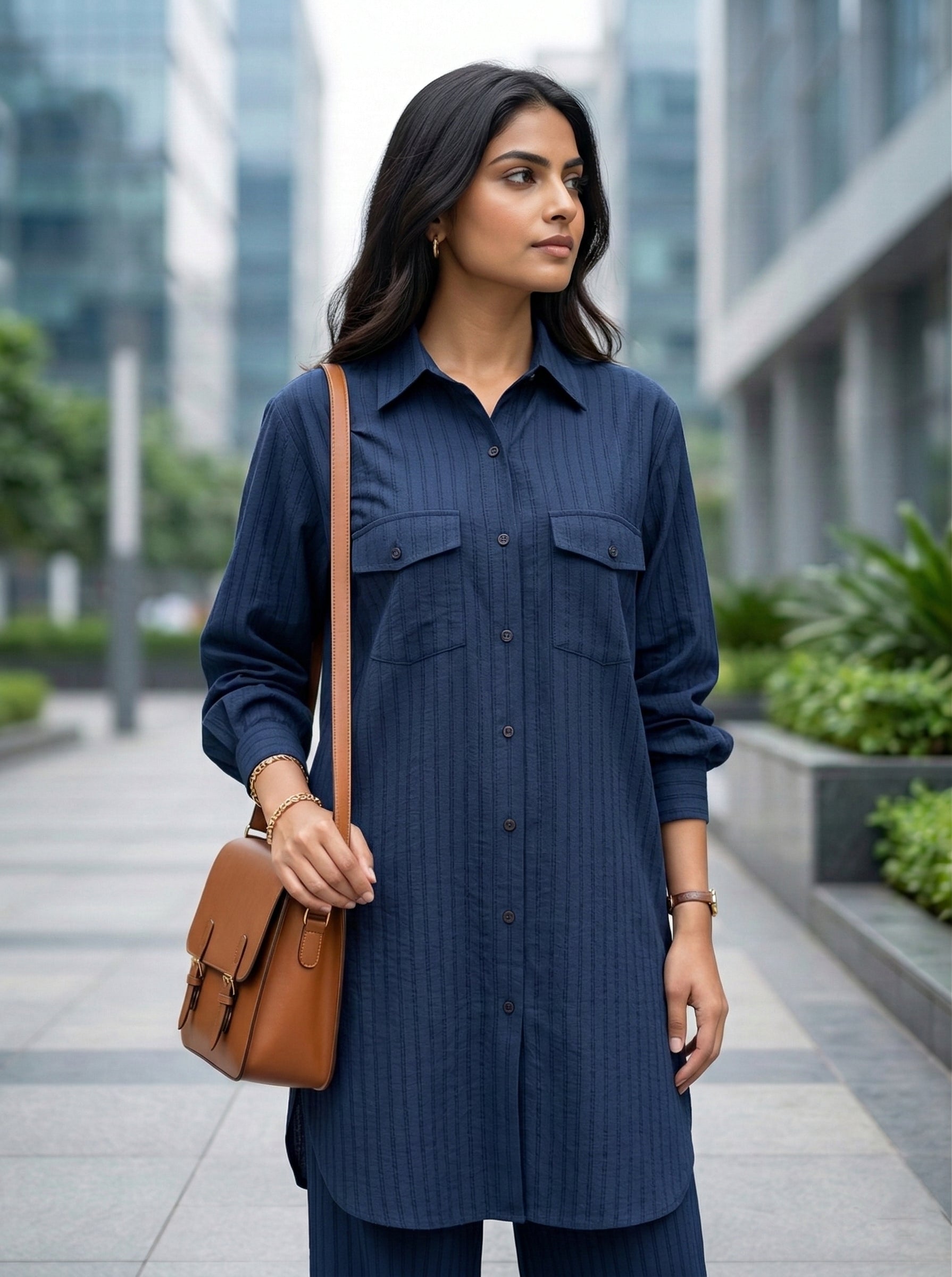 Navy blue cotton long shirt and pant co-ord set with self-stripes by Karchobi, featuring a stylish and comfortable design.