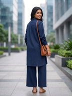 Navy blue cotton long shirt and pant co-ord set with self-stripe texture by Karchobi for women.