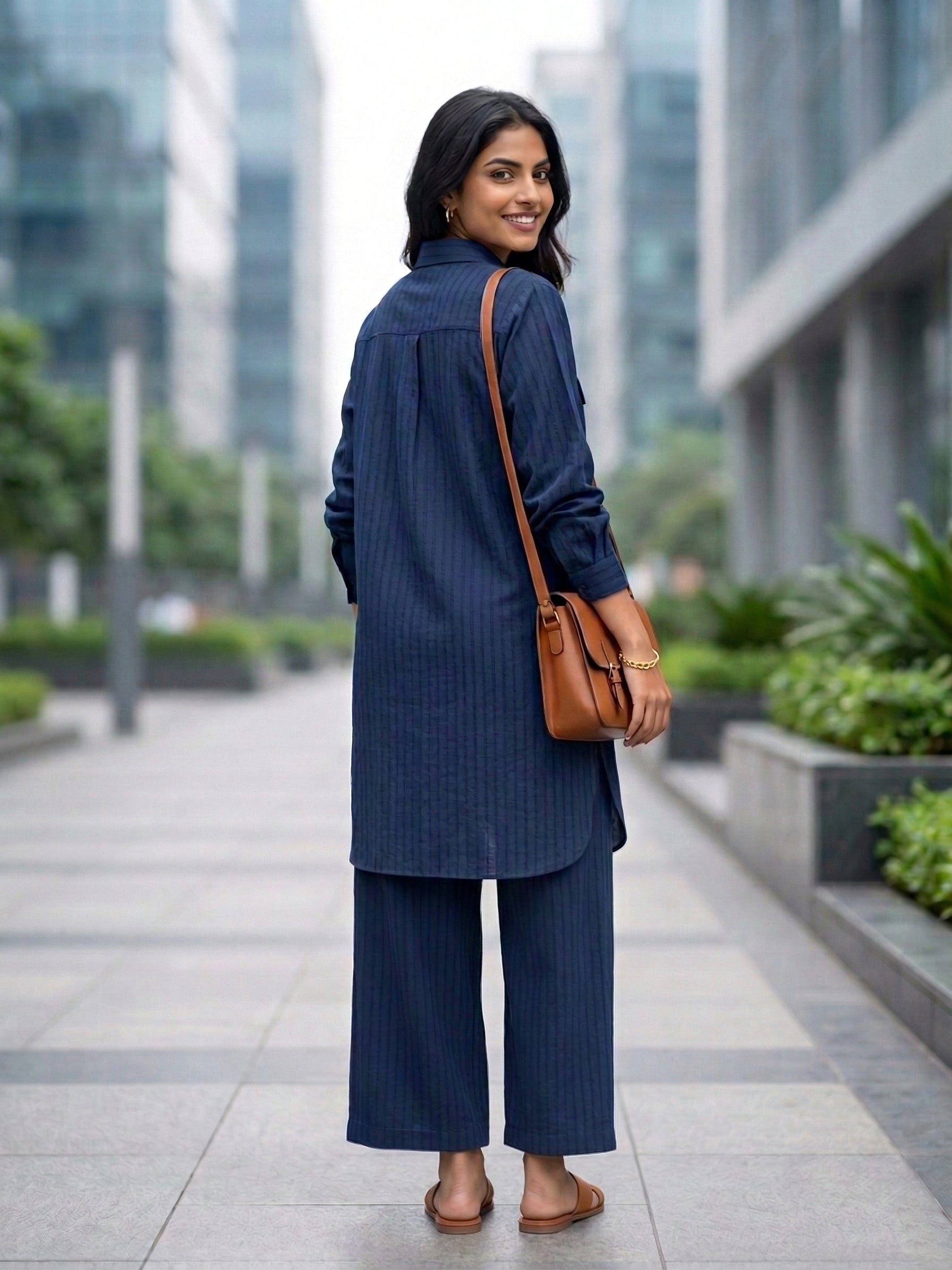Navy blue cotton long shirt and pant co-ord set with self-stripe texture by Karchobi for women.