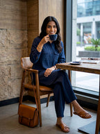 Navy blue cotton long shirt and pant co-ord set with self-stripe texture by Karchobi for women.
