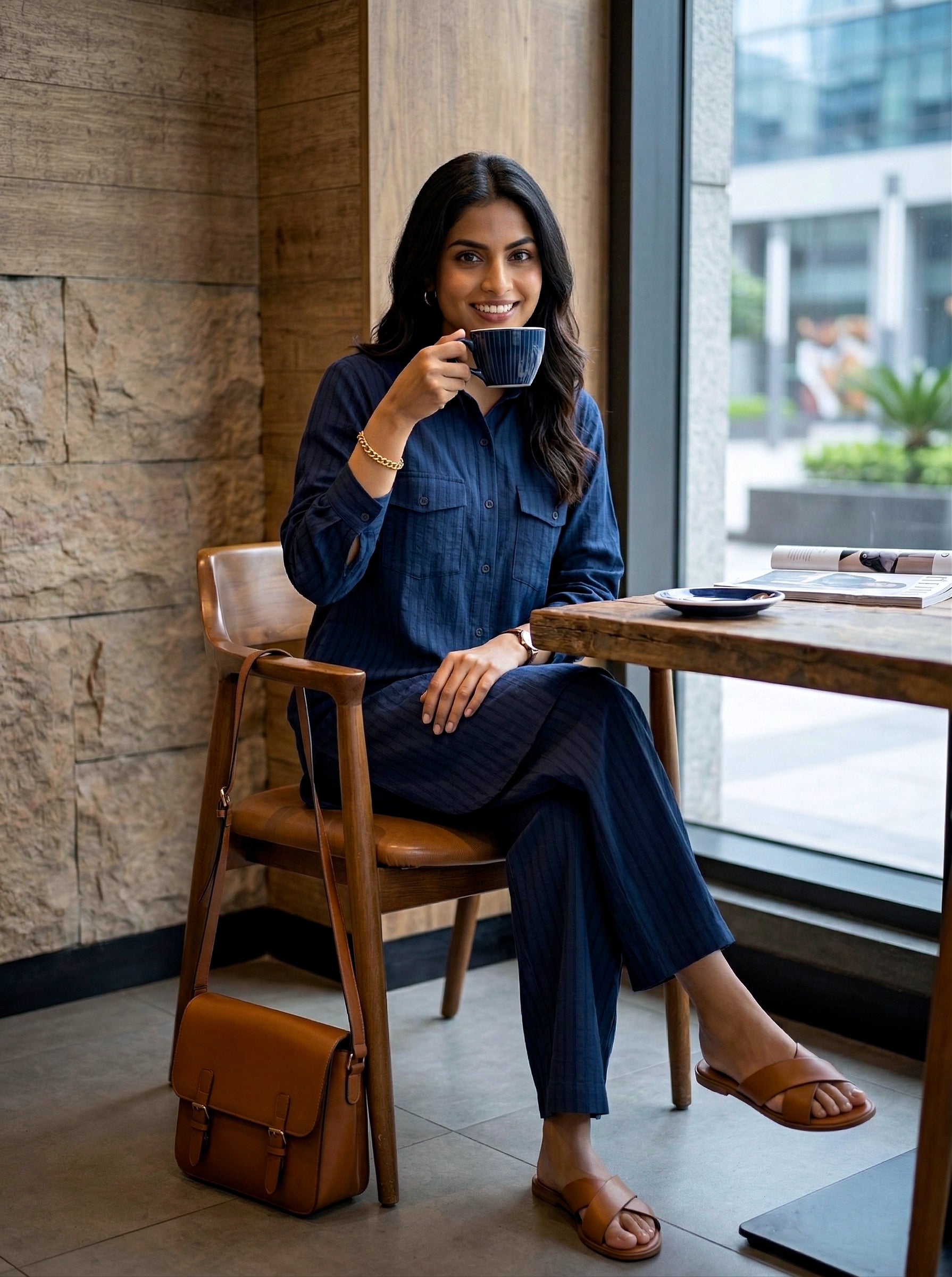Navy blue cotton long shirt and pant co-ord set with self-stripe texture by Karchobi for women.