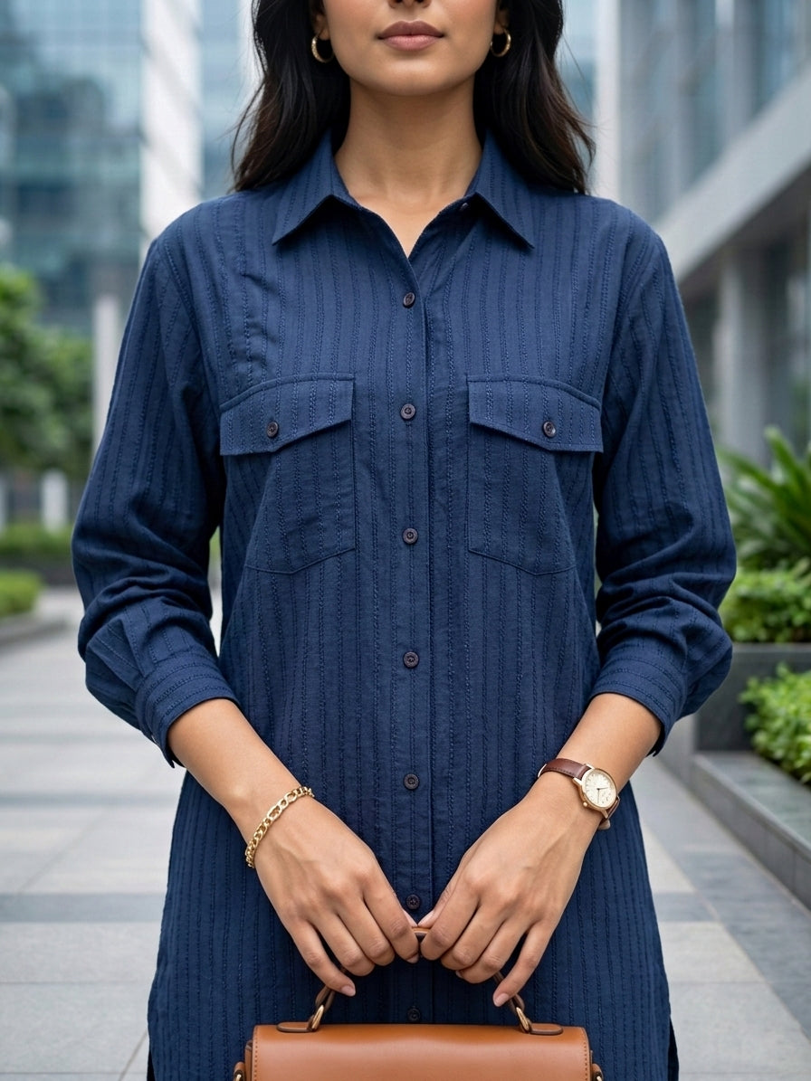 Navy blue cotton long shirt and pant co-ord set with self stripes for women by Karchobi.