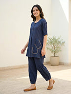 Navy Blue Cotton Dobby Kurta & Afghani Salwar Co-Ord Set