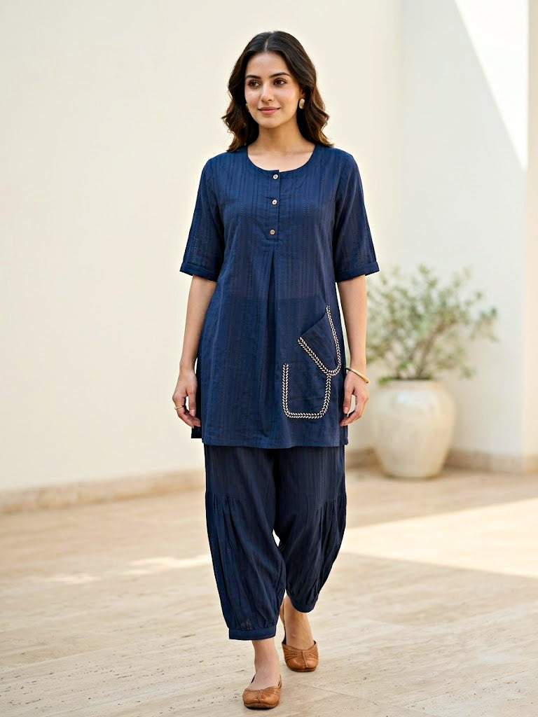 Navy Blue Cotton Dobby Kurta & Afghani Salwar Co-Ord Set