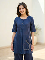 Navy Blue Cotton Dobby Kurta & Afghani Salwar Co-Ord Set