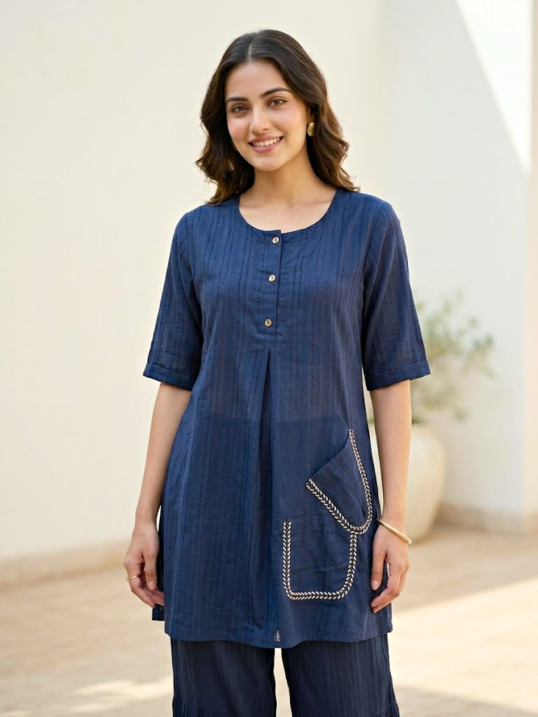 Navy Blue Cotton Dobby Kurta & Afghani Salwar Co-Ord Set