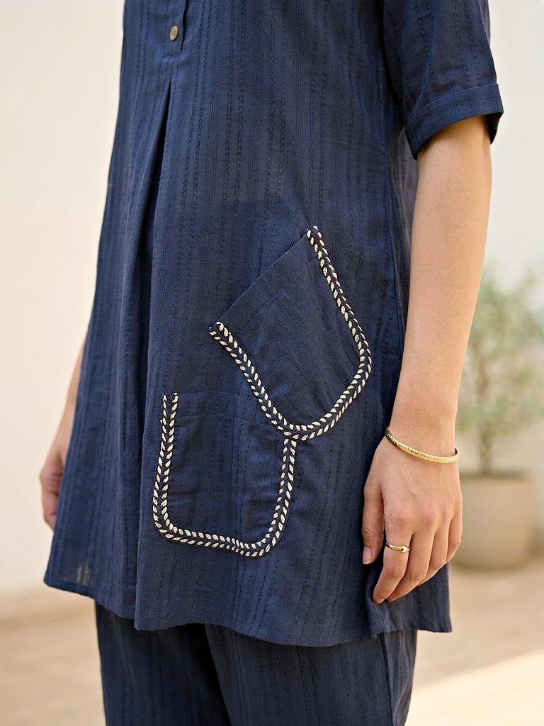 Navy Blue Cotton Dobby Kurta & Afghani Salwar Co-Ord Set