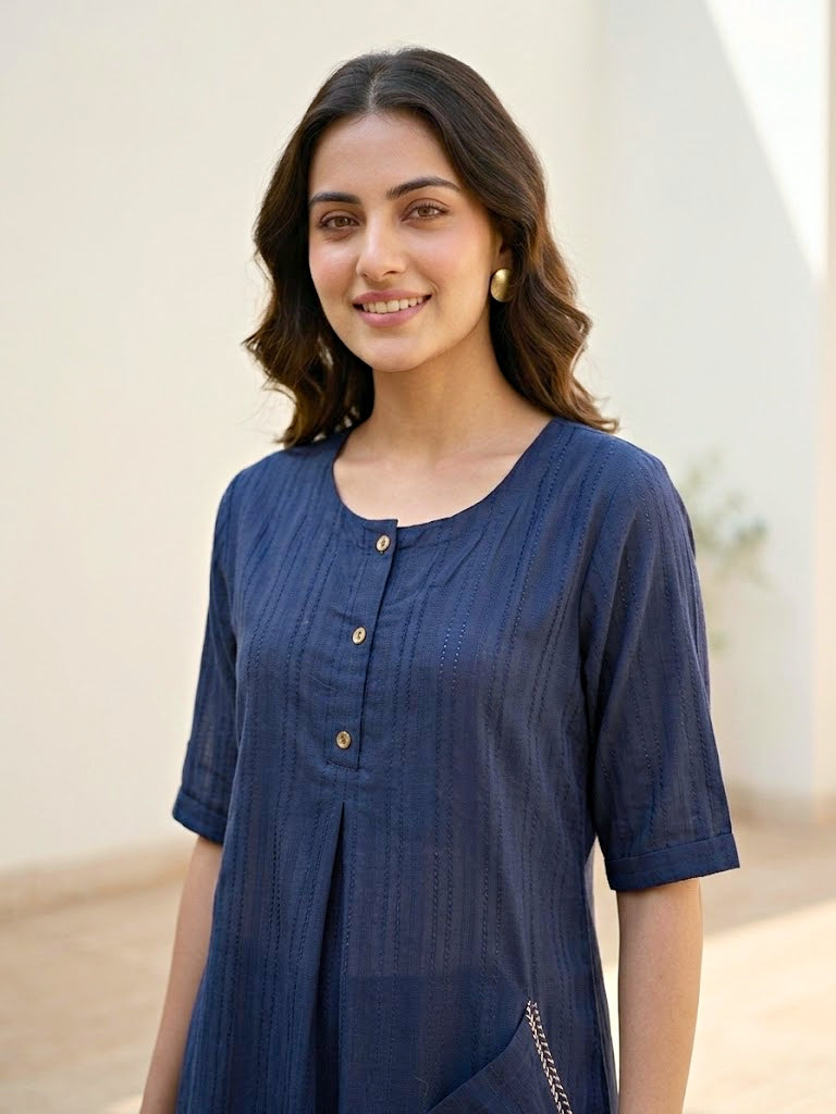 Navy Blue Cotton Dobby Kurta & Afghani Salwar Co-Ord Set