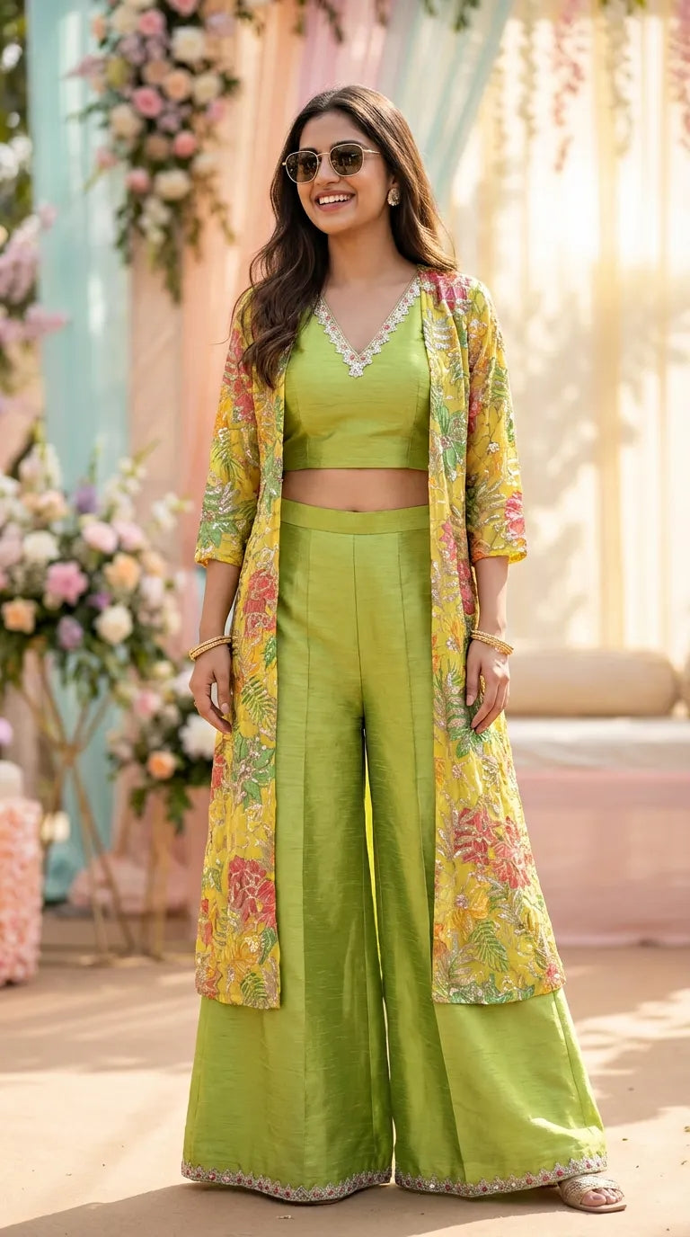 Woman in neon green and yellow raw silk crop top, sharara pants, and sequin embroidered jacket from Karchobi, standing outdoors with floral decor.