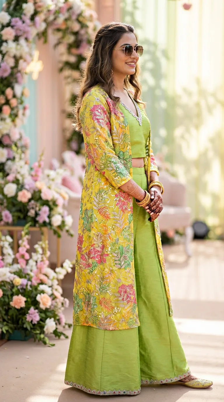 Woman in neon green and yellow raw silk crop top and sharara set with floral sequin jacket, Karchobi fashion