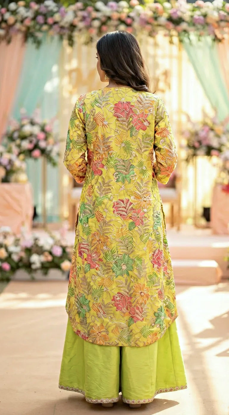 Woman wearing a neon green and yellow embroidered Karchobi sharara set with floral lace details