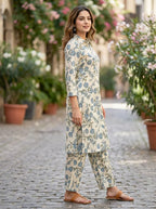 OFF-WHITE BOTANICAL KURTA PANT CO-ORD SET - KARCHOBI