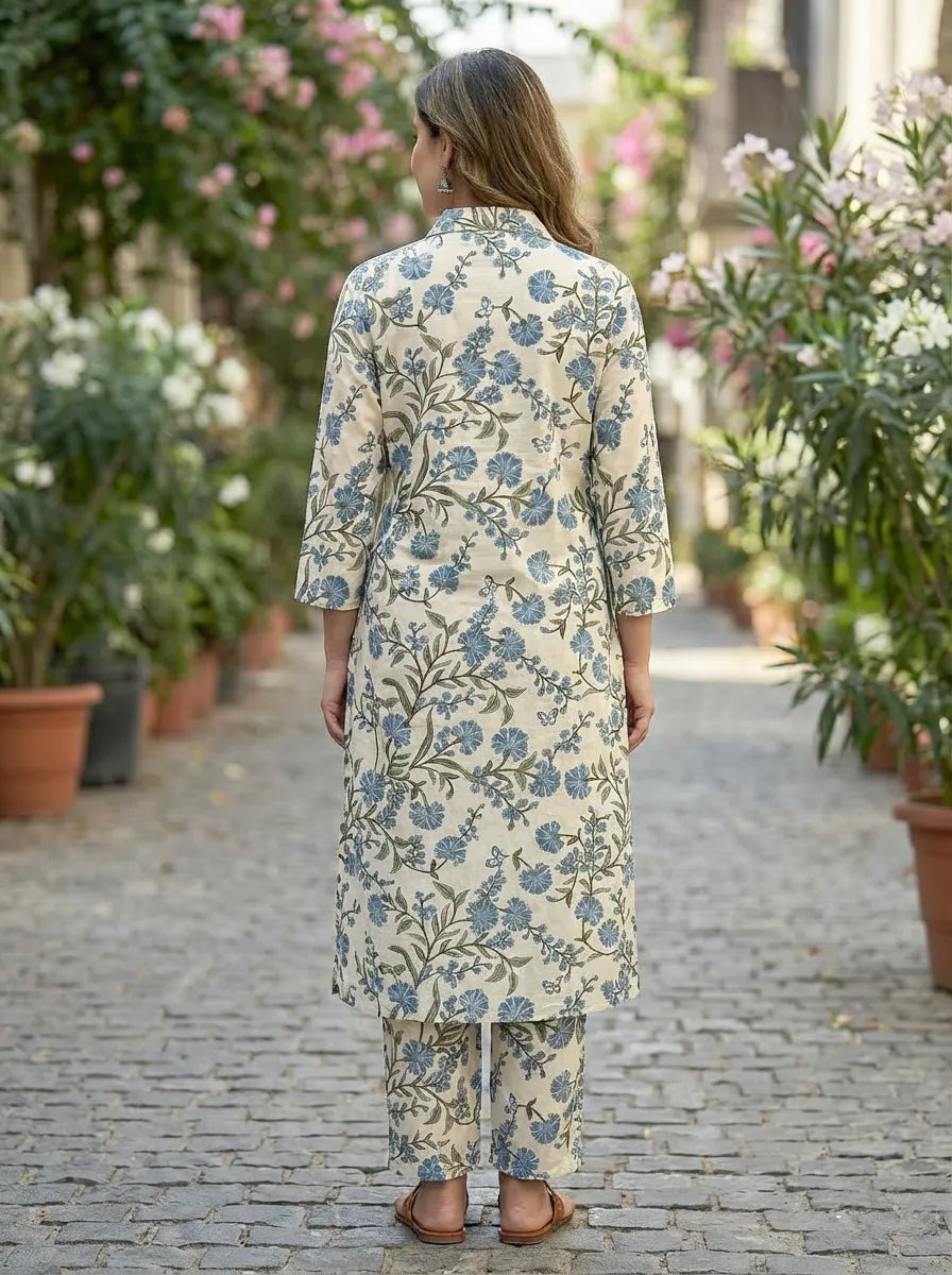 OFF-WHITE BOTANICAL KURTA PANT CO-ORD SET - KARCHOBI