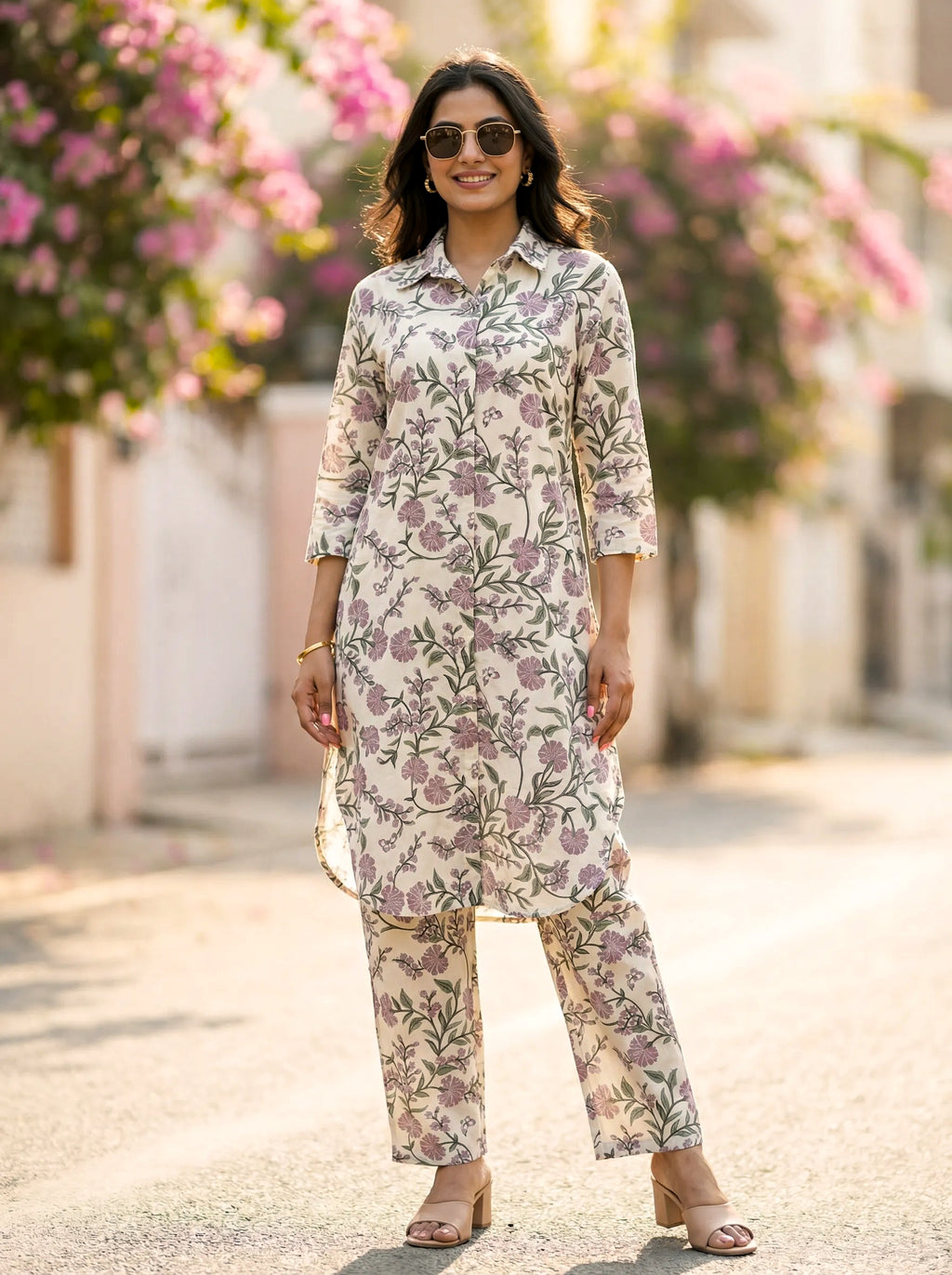 OFF-WHITE BOTANICAL PRINT KURTA PANT CO-ORD SET - KARCHOBI