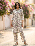 OFF-WHITE BOTANICAL PRINT KURTA PANT CO-ORD SET - KARCHOBI