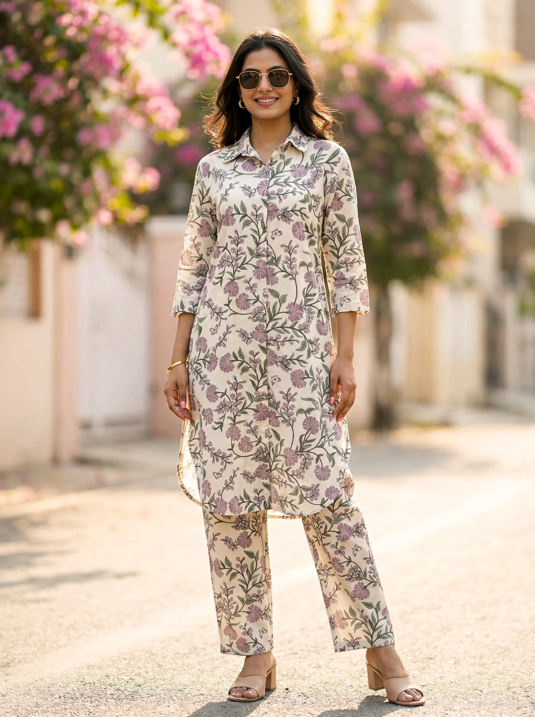 OFF-WHITE BOTANICAL PRINT KURTA PANT CO-ORD SET - KARCHOBI