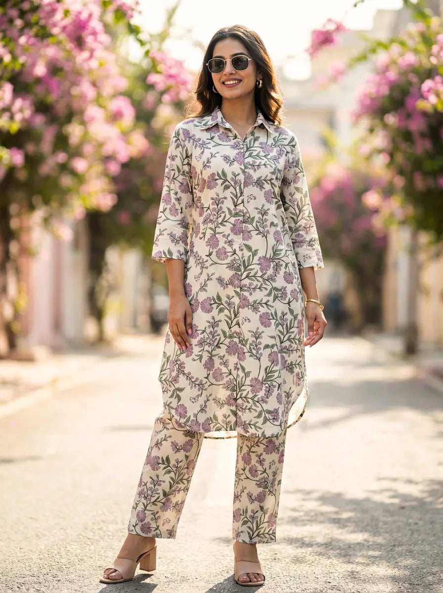 OFF-WHITE BOTANICAL PRINT KURTA PANT CO-ORD SET - KARCHOBI