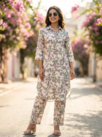 OFF-WHITE BOTANICAL PRINT KURTA PANT CO-ORD SET - KARCHOBI