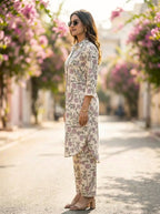 OFF-WHITE BOTANICAL PRINT KURTA PANT CO-ORD SET - KARCHOBI