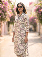 OFF-WHITE BOTANICAL PRINT KURTA PANT CO-ORD SET - KARCHOBI