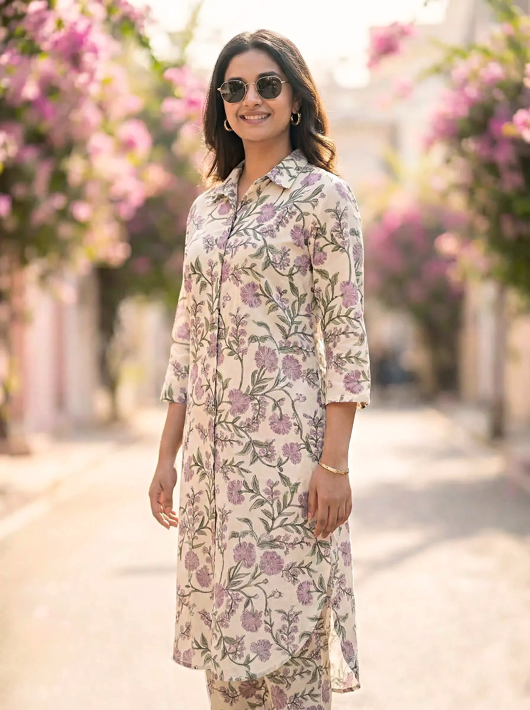 OFF-WHITE BOTANICAL PRINT KURTA PANT CO-ORD SET - KARCHOBI