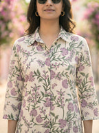 OFF-WHITE BOTANICAL PRINT KURTA PANT CO-ORD SET - KARCHOBI