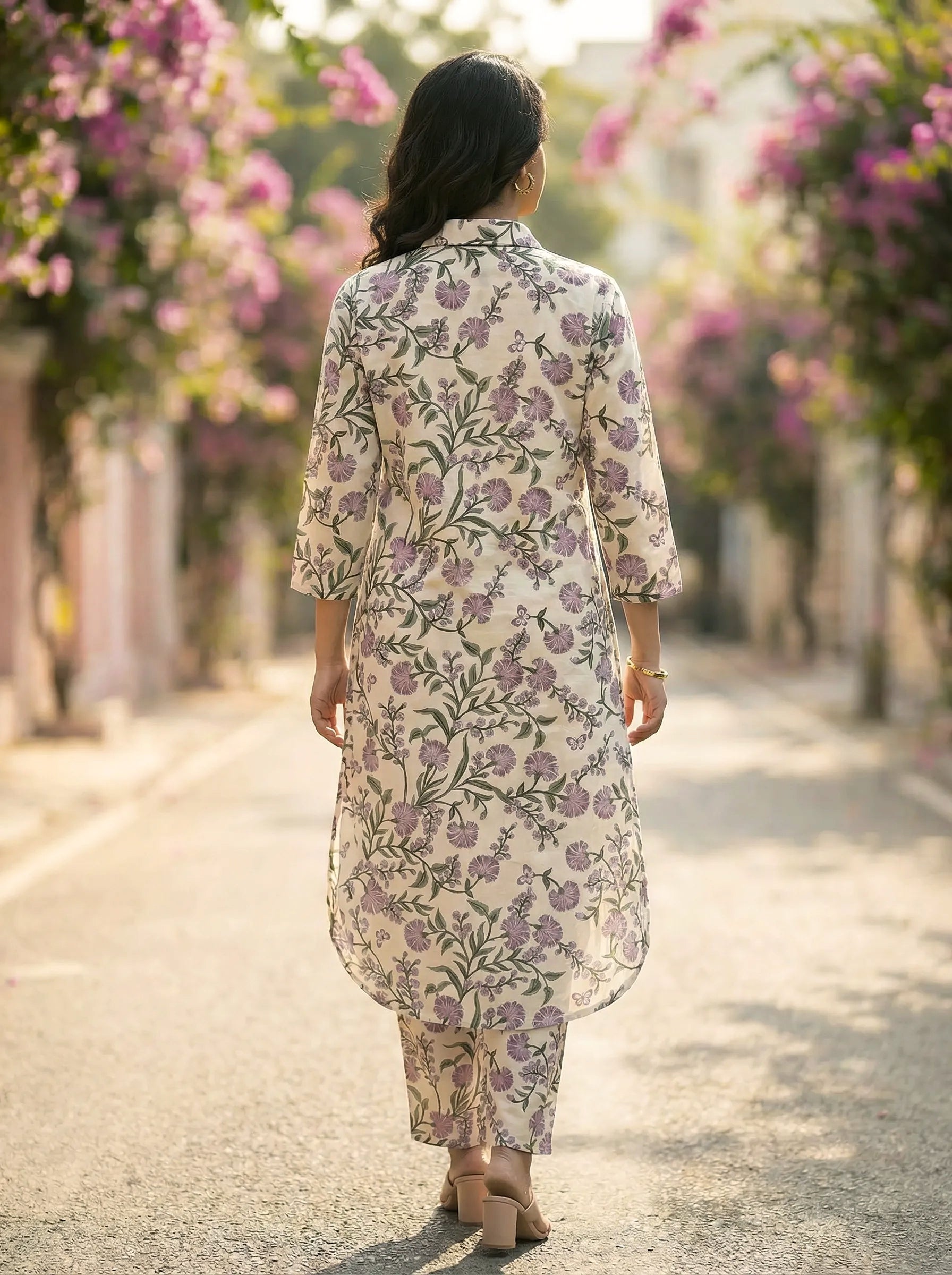 OFF-WHITE BOTANICAL PRINT KURTA PANT CO-ORD SET - KARCHOBI