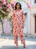 OFF-WHITE & DARK PINK BOTANICAL KURTA PANT CO-ORD SET - KARCHOBI