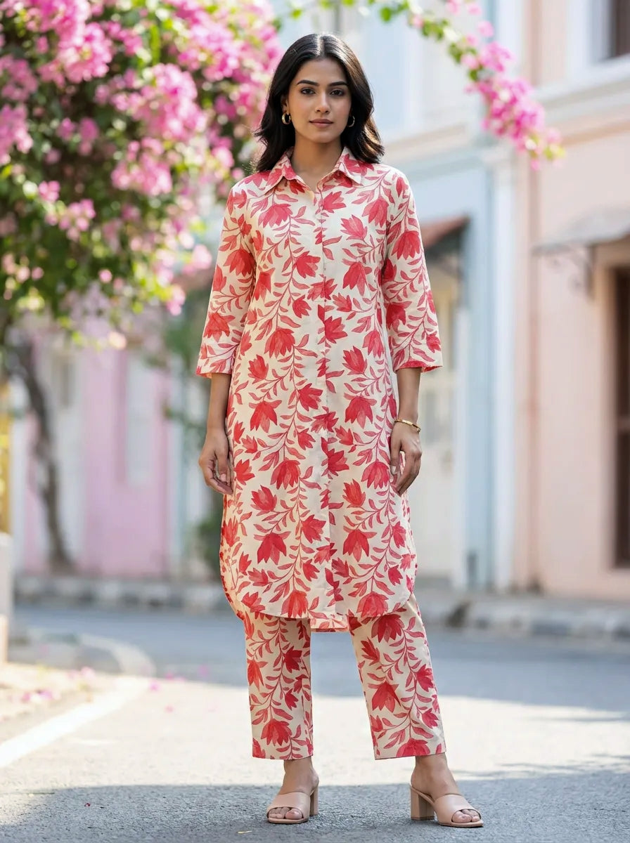 OFF-WHITE & DARK PINK BOTANICAL KURTA PANT CO-ORD SET - KARCHOBI