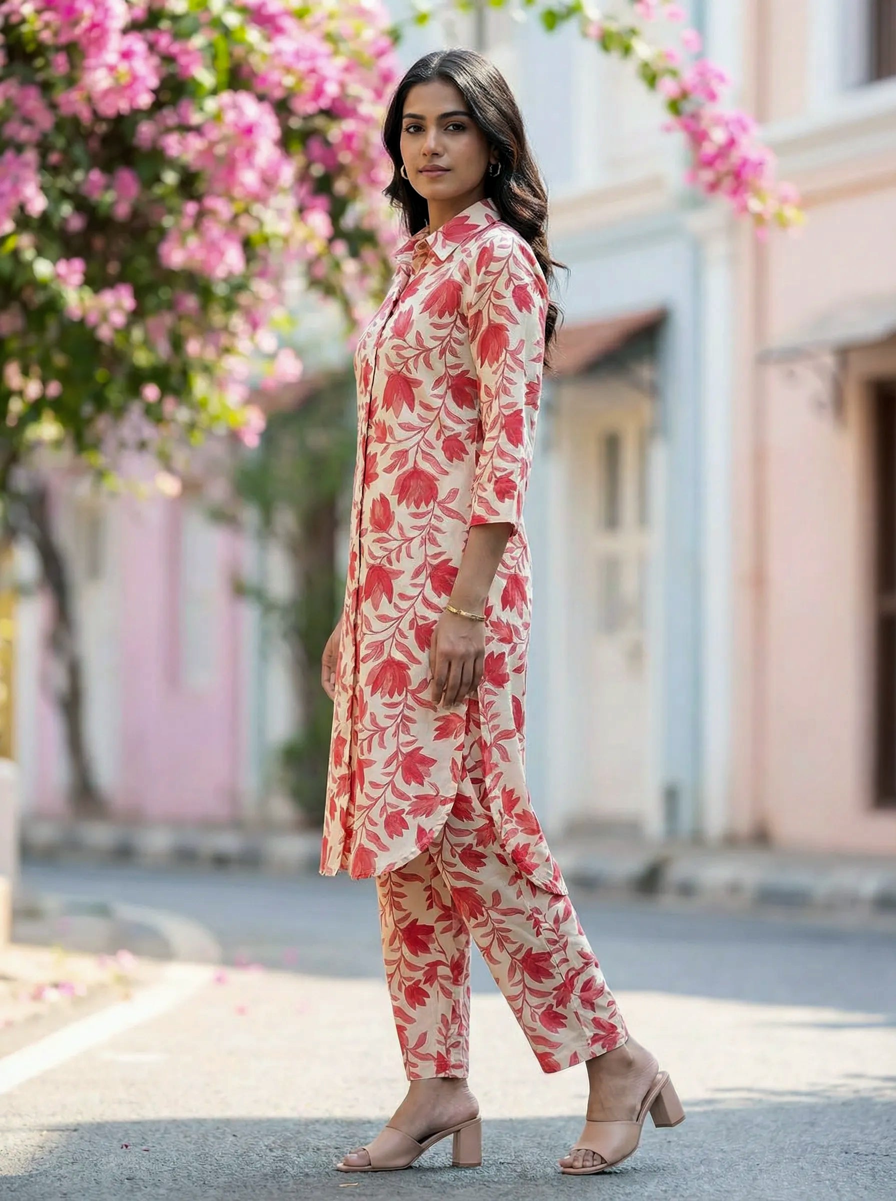 OFF-WHITE & DARK PINK BOTANICAL KURTA PANT CO-ORD SET - KARCHOBI