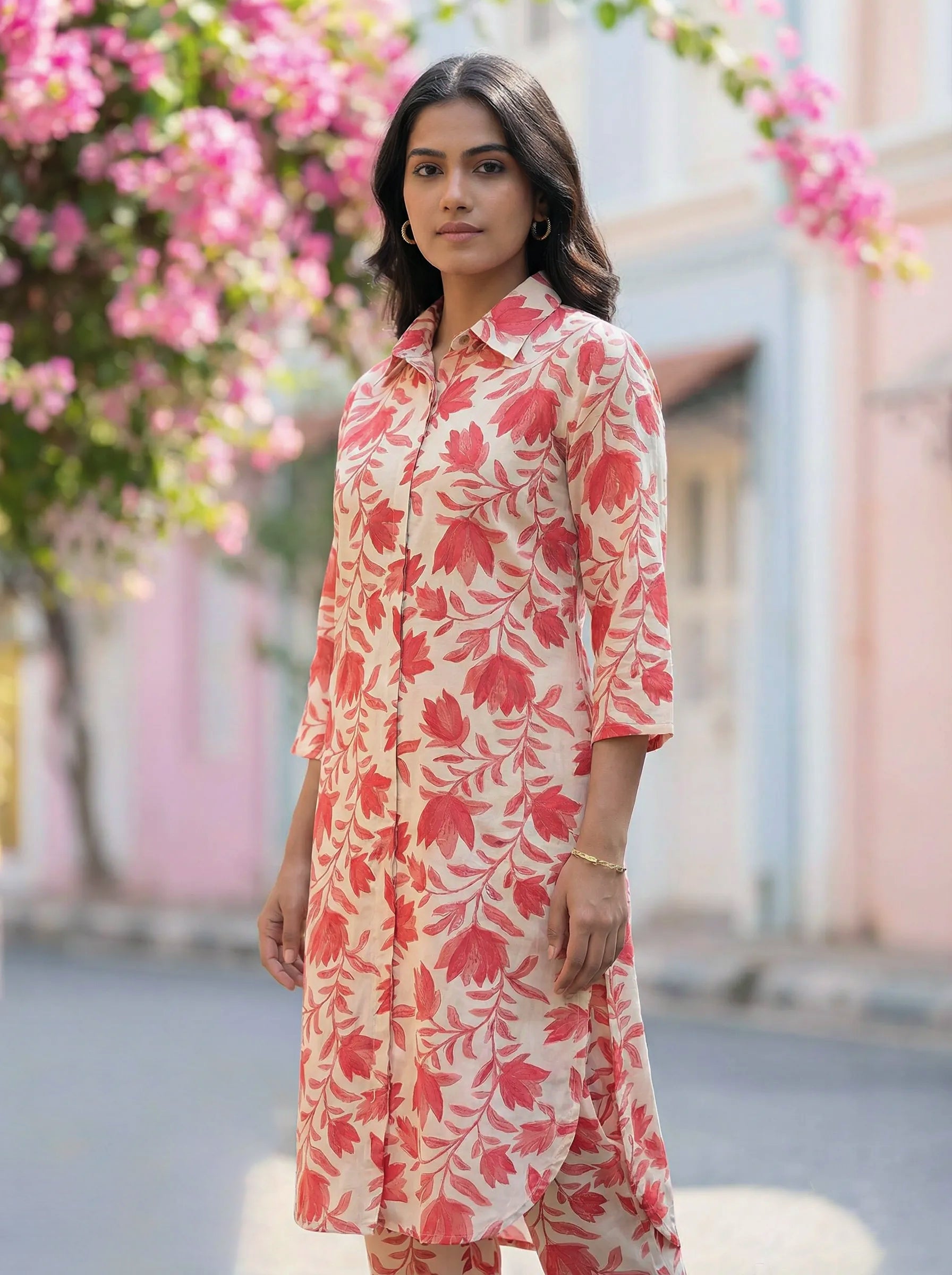 OFF-WHITE & DARK PINK BOTANICAL KURTA PANT CO-ORD SET - KARCHOBI