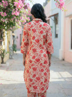 OFF-WHITE & DARK PINK BOTANICAL KURTA PANT CO-ORD SET - KARCHOBI