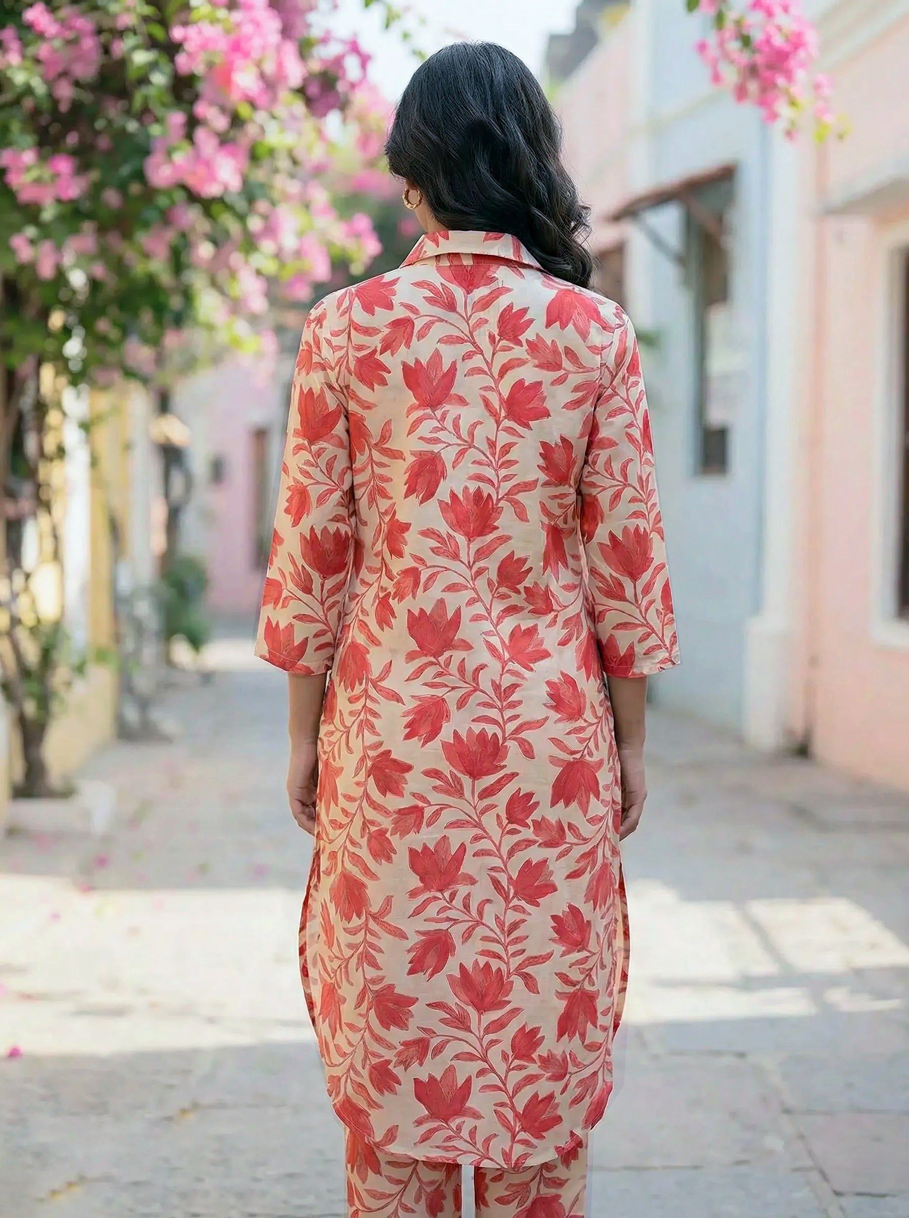 OFF-WHITE & DARK PINK BOTANICAL KURTA PANT CO-ORD SET - KARCHOBI