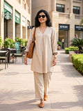 Off-White cotton flex box pleat co-ord set with jute lace trim, casual work wear by KARCHOBI, featuring a stylish blouse and pants.