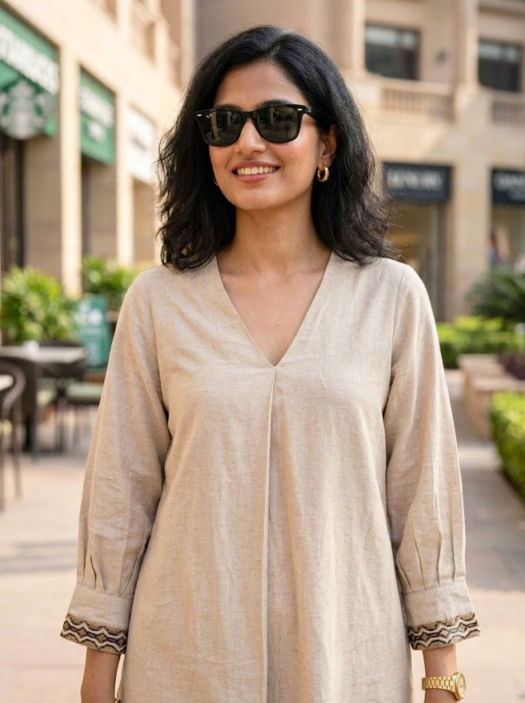 Off-White cotton flex box pleat co-ord set with jute lace trim, casual workwear by KARCHOBI, featuring a stylish, comfortable design.