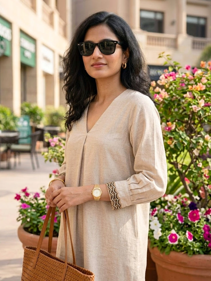 Off-White cotton flex box pleat co-ord set with jute lace trim, casual work wear by KARCHOBI, featuring a stylish and comfortable design.