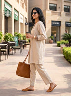 Off-White cotton Flex box pleat co-ord set with jute lace trim, casual and workwear outfit by KARCHOBI.