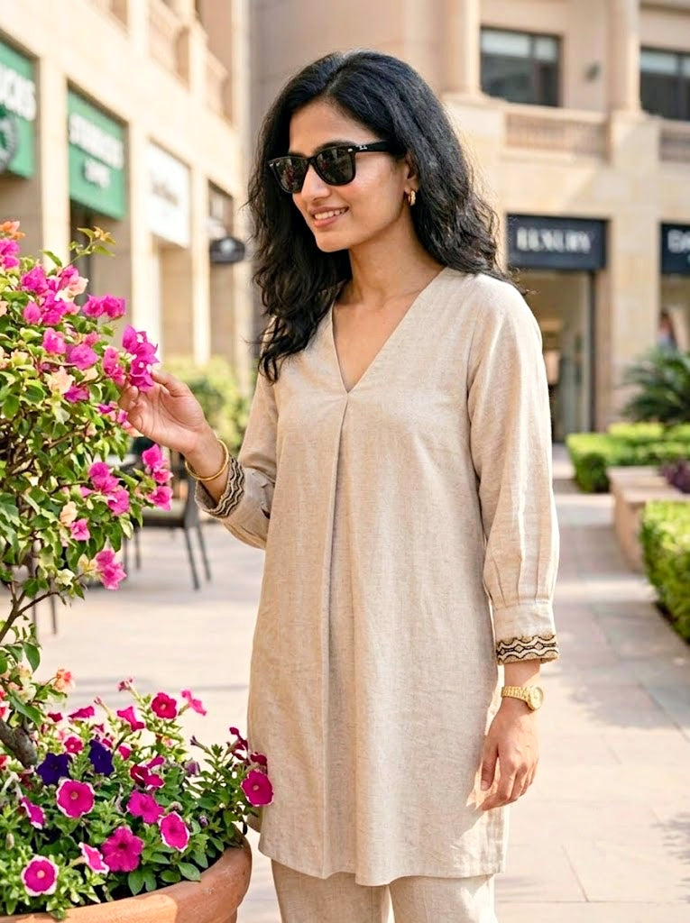 Off-White cotton flex box pleat co-ord set with jute lace trim, casual and work wear, by KARCHOBI.